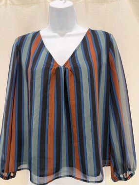 Madewell Multi-Stripe V-Neck Long  Sheer Sleeve Blouse in Blue, Brown & Black